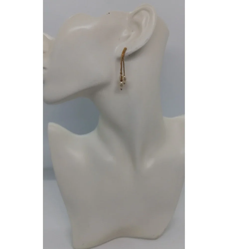 Gold Tone Curb Chain Faux Pearl Dangling Drop Earrings Womens Accessory